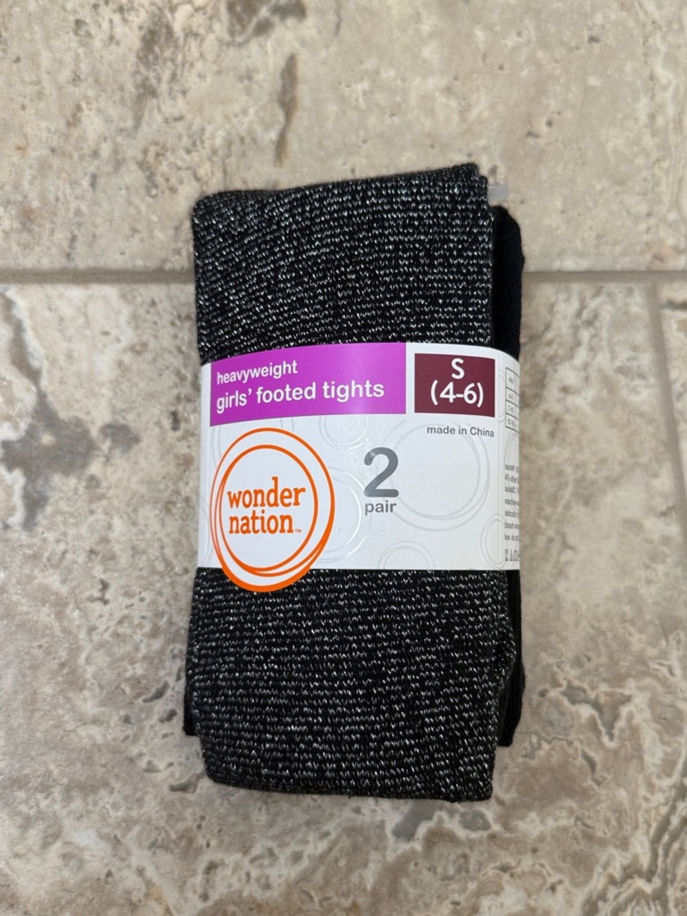 NWT Size Small (4-6) wonder nation Black & Silver Girls' Footed Tights - 2 Pair